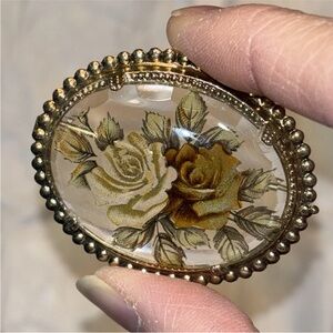 ROSES REVERSE PAINTED VINTAGE BROOCH